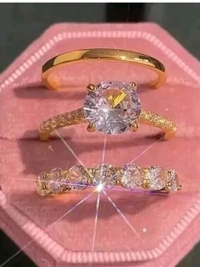 Gold-Tone Round Cubic Zirconia Engagement Ring Set - 3pieces